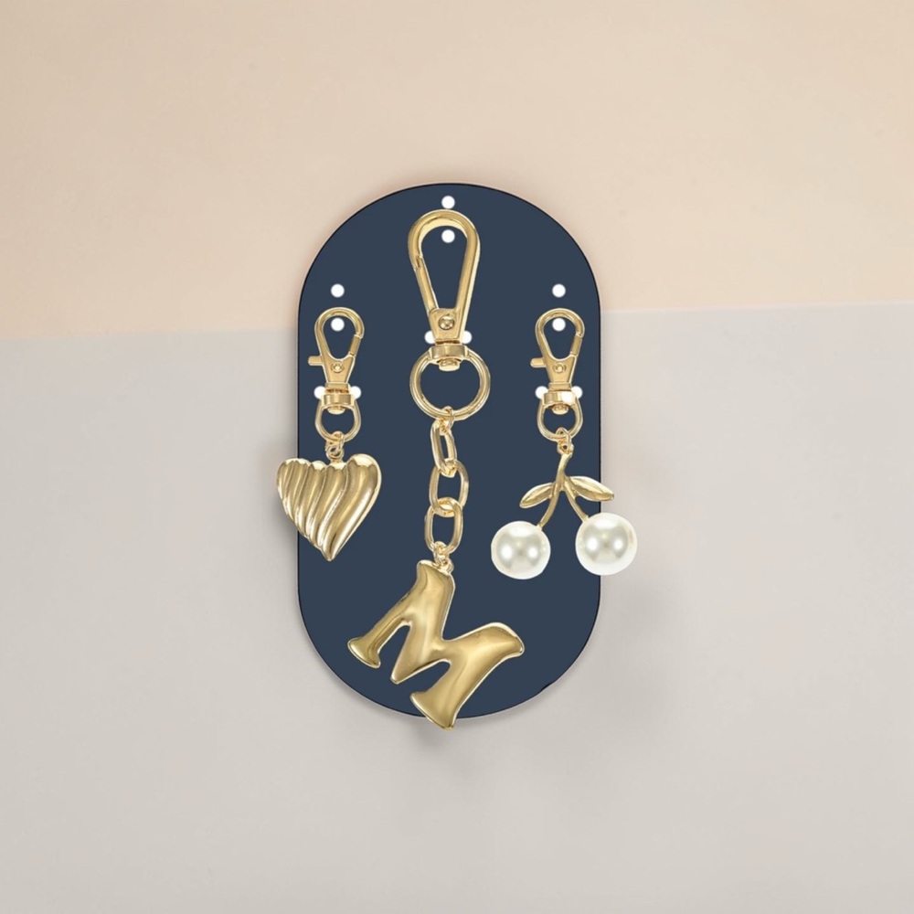 Goldtone  Initial M Bag Charm Set with Heart and Pearl Cherry Charms NWT